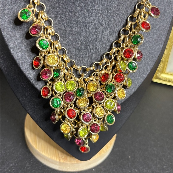 Cha Cha Colorful Charms Chain Holiday Necklace Statement Gold Tone - Picture 2 of 6